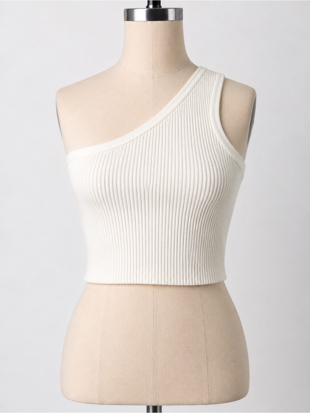 Y2K Minimalist Ribbed One Shoulder Crop Tank Top White Thick Knit Size XS